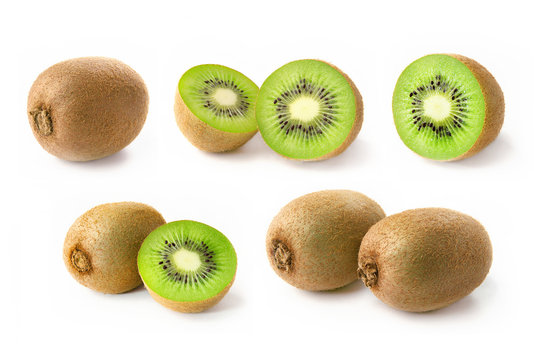 Kiwi. Collection of fresh kiwi fruits on white background