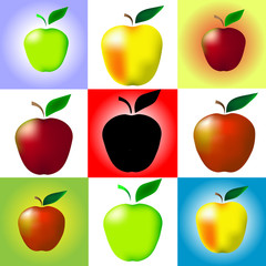 Series sets of colorful apples on colored backgrounds