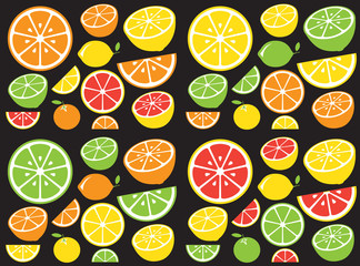 Collection of citrus slices - orange, lemon, lime and grapefruit, icons set, colorful isolated on black background, vector illustration.