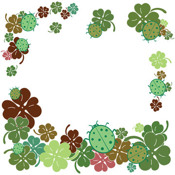 Ladybugs and clover leaves frame. Flat style vector illustration. Muted Palette.