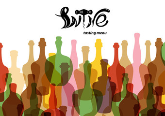 Wine tasting menu.Colored silhouettes of wine bottles. Lettering in the form of wine corkscrew. Template for restaurants, bars, tasting rooms, shops.