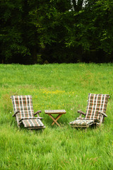 Two empty seats in the grass of a garden