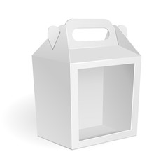 White Cardboard Carry Box Packaging Window For Food, Gift Or Other Products. On White Background Isolated. Mock Up, Mockup Template Ready For Your Design. Vector EPS10