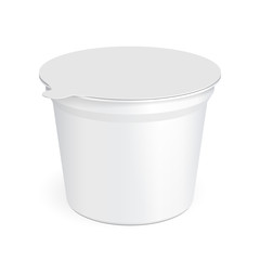 White Food Plastic Tub Bucket Container For Dessert, Yogurt, Ice Cream, Sour Cream Or Snack. Illustration Isolated On White Background. Mock Up Template Ready For Your Design. Product Packing 