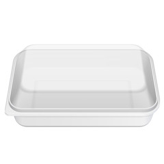 White Empty Blank Styrofoam Plastic Food Tray Container Box, Cover. Illustration Isolated On White Background. Mock Up Template Ready For Your Design. Vector EPS10