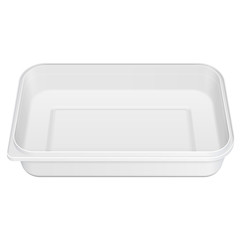 Fototapeta premium White Empty Blank Styrofoam Plastic Food Tray Container Box Opened, Cover. Illustration Isolated On White Background. Mock Up Template Ready For Your Design. Vector EPS10