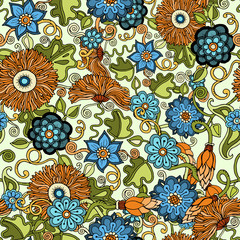 Doodle seamless background in vector with doodles, flowers and p