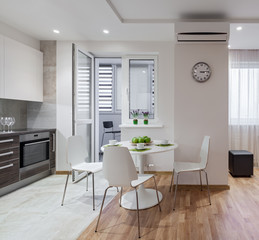Interior of modern apartment in scandinavian style with kitchen