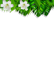 Fototapeta na wymiar Frame branch tropical leaves and white flowers lily