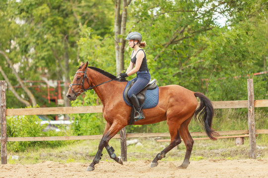 Woman Jockey Training Riding Horse. Sport Activity