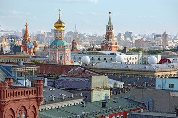 Aerial view of the historical downtown of Moscow from the viewing platform of the Central Children's Store on Lubyanka Square. Moscow, Russia.