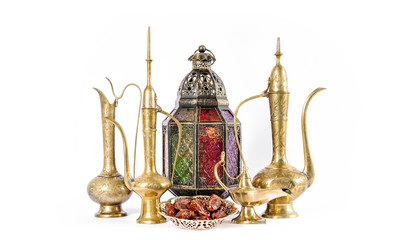 Fototapeta na wymiar Oriental holidays decoration lantern pots dishes. Muslim hospita