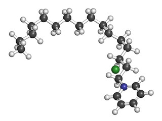 Cetylpyridinium chloride antiseptic molecule. 3D rendering. 