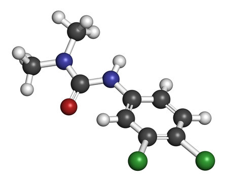 Diuron (DCMU) herbicide molecule. 3D rendering. 