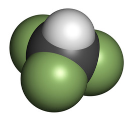 Fluoroform greenhouse gas molecule. 3D rendering.