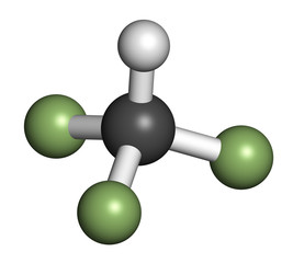 Fluoroform greenhouse gas molecule. 3D rendering.