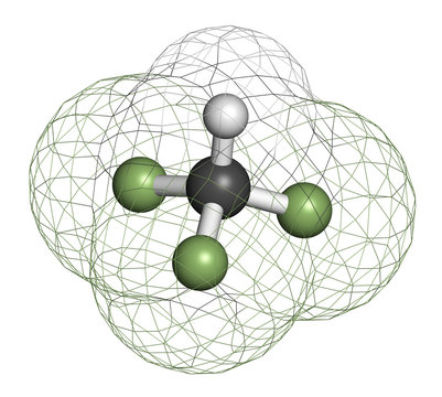 Fluoroform greenhouse gas molecule. 3D rendering. 