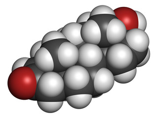 Mesterolone androgen molecule. 3D rendering. 