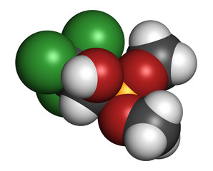 Metrifonate (trichlorfon) insecticide molecule. 3D rendering. 