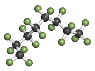 Perfluorooctane molecule. 3D rendering. 