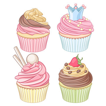 A set of colorful cupcakes isolated on white background.
