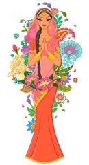 Beautiful indian girl in sari surrounded with flowers and ornaments. Vector illustration isolated on white background.