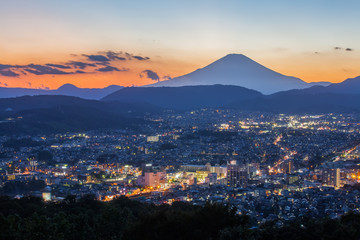 Beautiful Hadano city view with Mountain Fuji in evening autumn season