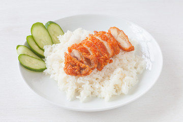 Fried chicken rice , Hainanese chicken rice with cucumber