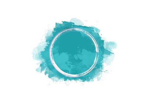 Aquarell Farbfleck in türkis mit weißem Kreis in der Mitte, hochauflösende Illustration für kreative Designhintergründe
