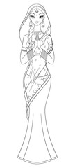 Outlined indian girl in sari. Coloring page vector illustration.