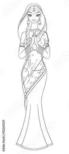 "Outlined indian girl in sari. Coloring page vector illustration