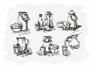 Hand drawn doodle vector illustration of milk products