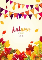 Autumn leaves background with party flags