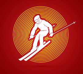Skier action designed on circle line background graphic vector.