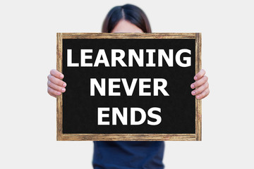 LEARNING NEVER ENDS message on the blackboard wooden frame on hand woman with white background.