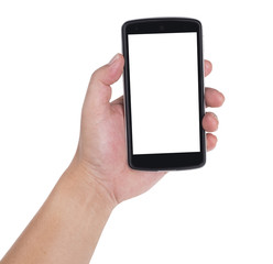 Isolated hand holding a phone with white screen.
