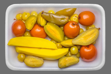 Preserved fruit in The foam plate, Thai preserved fruit, Close up, top view