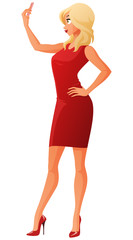 Young woman posing and taking a selfie with her mobile phone. Cartoon vector illustration isolated on white background.