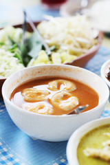 Red curry with fish ball in bowl