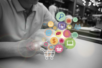 shopping cart with application software icons on mobile 