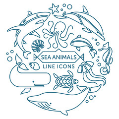 Fototapeta premium Sea animals line icons