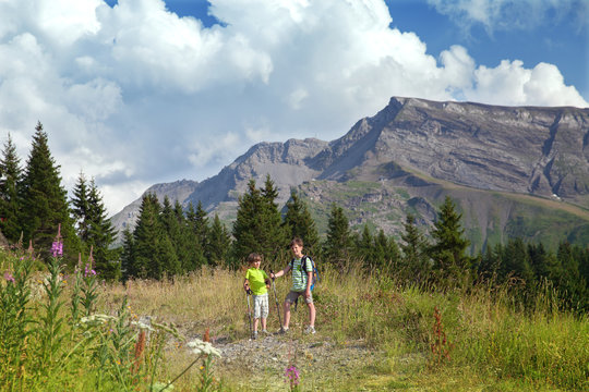 two boys in summer mountains