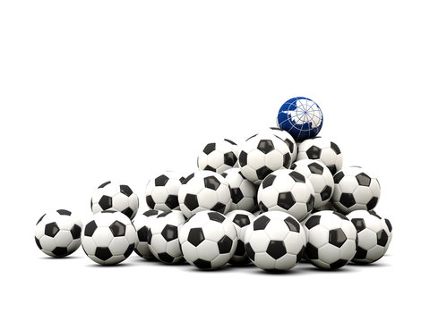 Pile of soccer balls with flag of antarctica