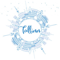 Outline Tallinn Skyline with Blue Buildings and Copy Space.