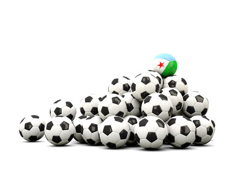 Pile of soccer balls with flag of djibouti