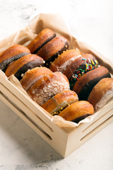 Donuts in a wooden box