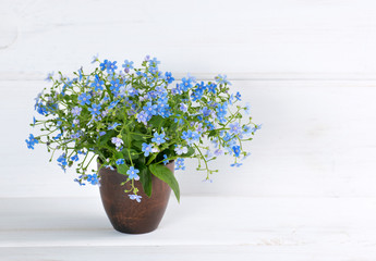 Me-nots flowers bouquet in clay vase
