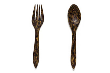Wooden fork and wooden spoon isolated on white background.