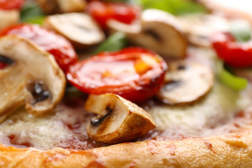 Delicious tasty pizza, closeup