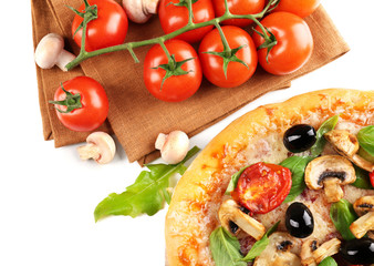 Delicious tasty pizza with vegetables on light background